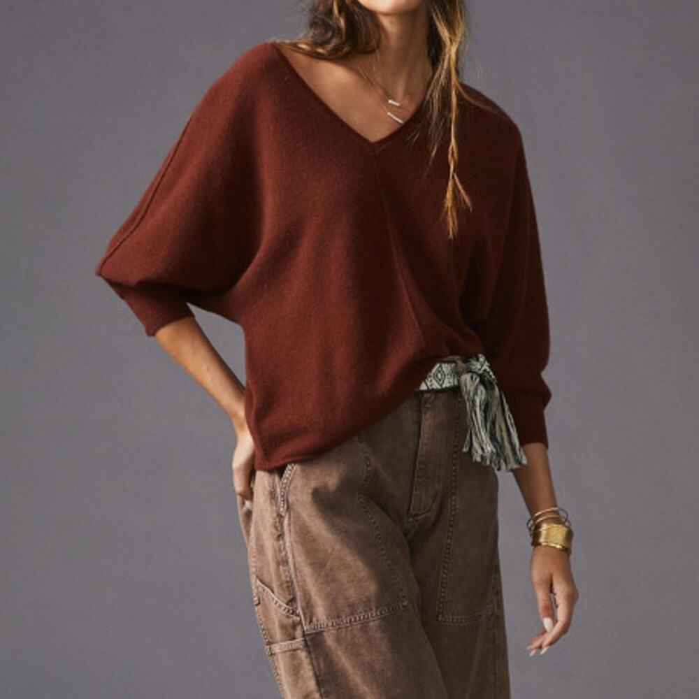 Anthropologie Pilcro V-Neck Cashmere Sweater XS Maroon Open Back Long Sleeve
